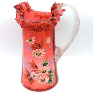 1800's Victorian Cranberry glass pitcher receded handle Enamel Flowers